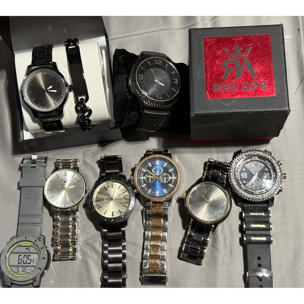 Mens Watch Lot 8pc Armitron Beverly Hills Polo Club INC Red Ape Digital Analog